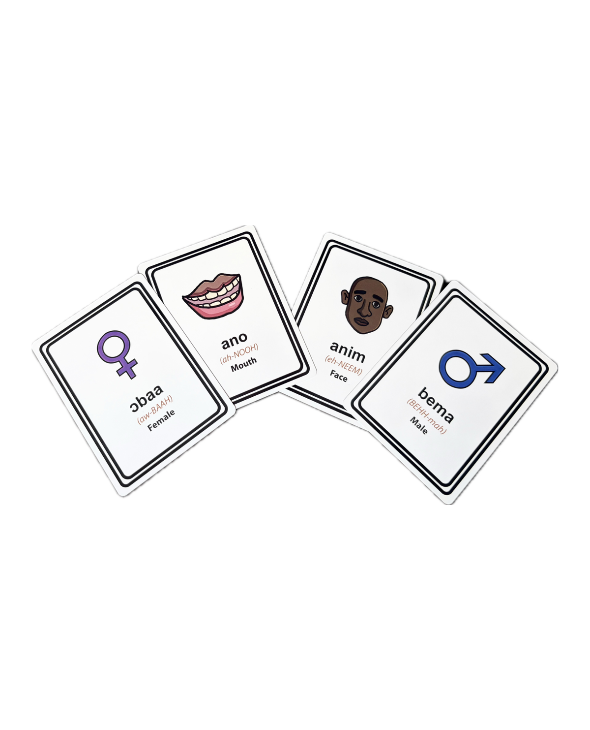 Four Twi illustrated cards arranged in a fan shape on a plain white background. The cards show gender symbols and labels including 'anim', 'bema', and 'ano' with small icons.