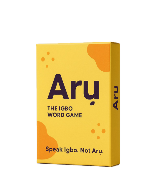 A yellow card game box labeled 'Aru' with the subtitle 'The Igbo Word Game' and the phrase 'Speak Igbo. Not Aru.