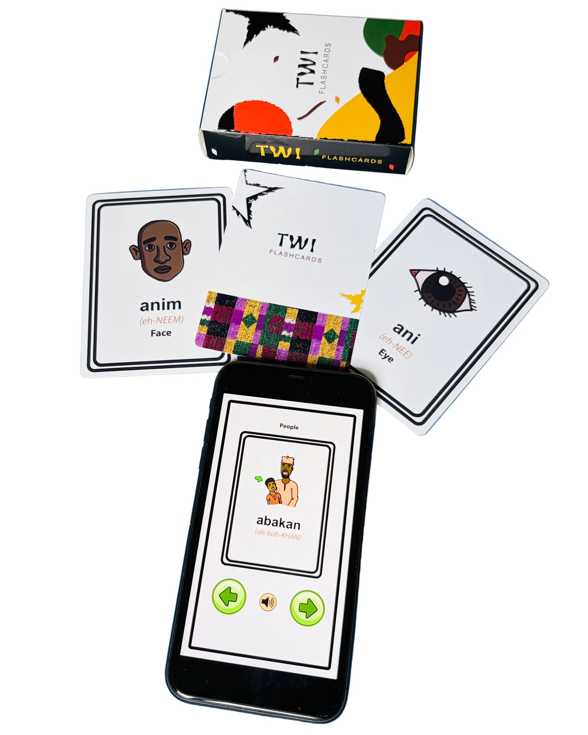 Twi educational flashcards and smartphone displaying app 