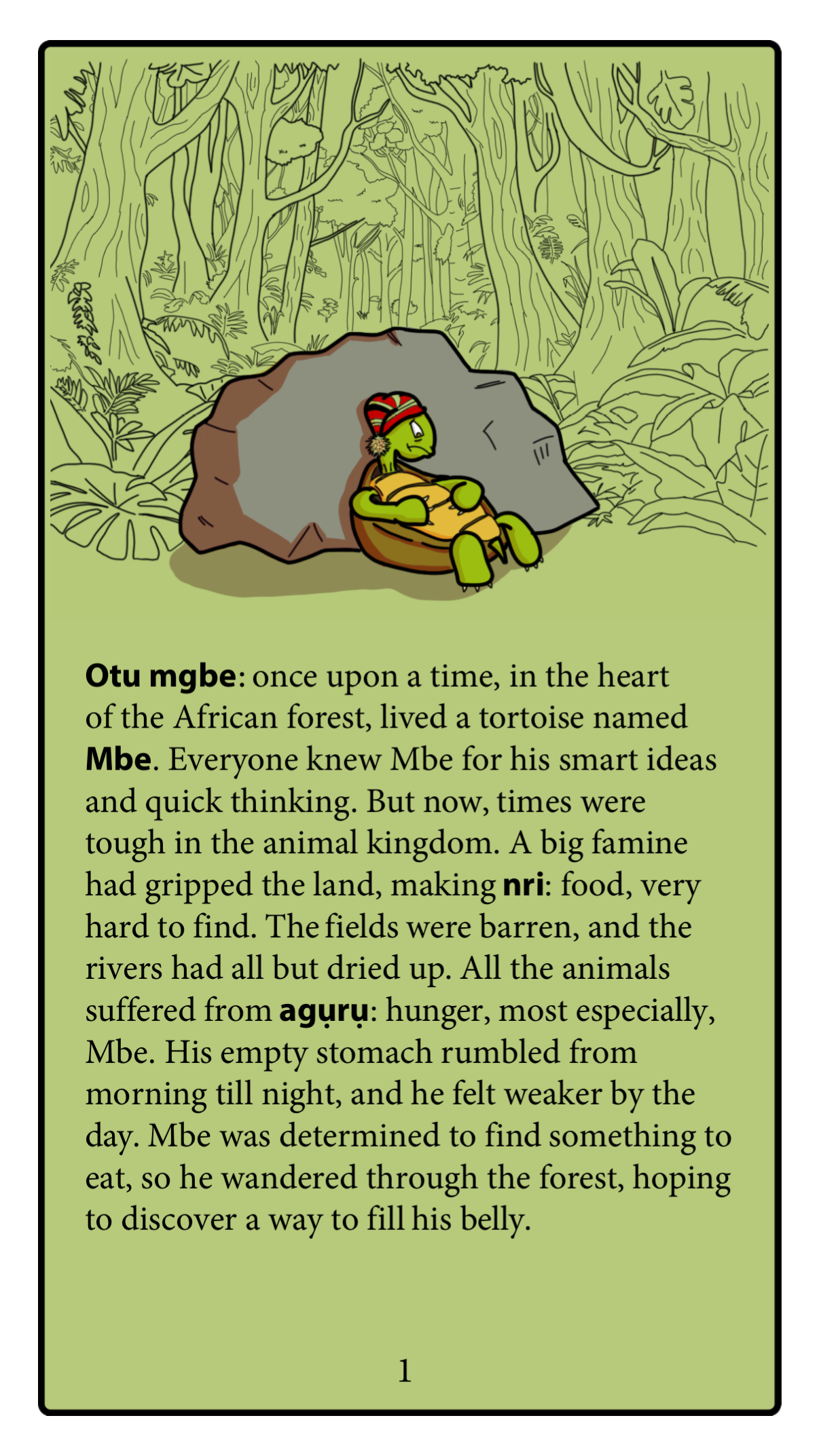 Storybook page with a turtle character and text in a forest setting