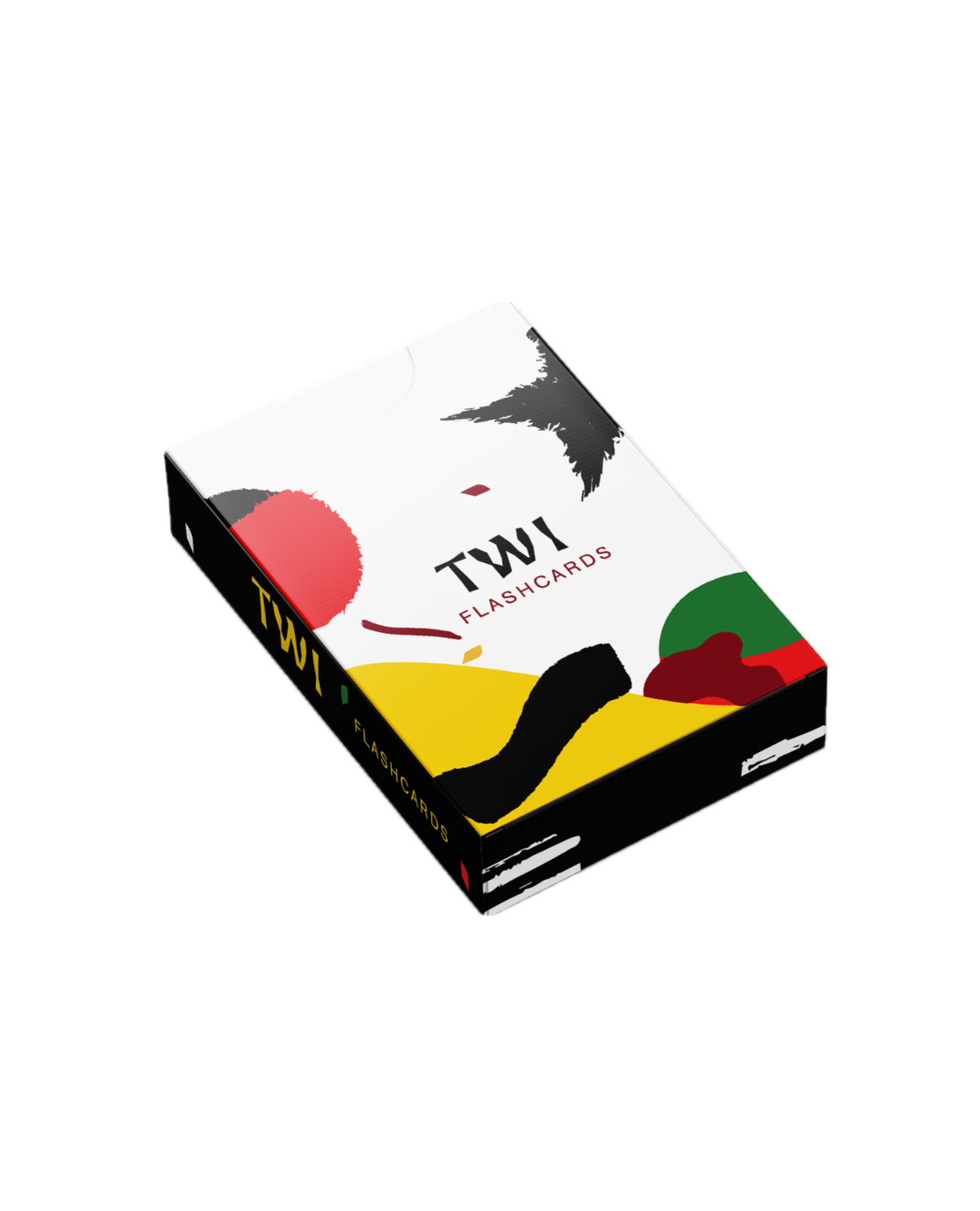 A boxed set of TWI Flashcards shown at an angle on a plain white background. The box is primarily white with bold black, red, yellow, and green abstract graphic elements and the visible brand text 'TWI FLASHCARDS'.